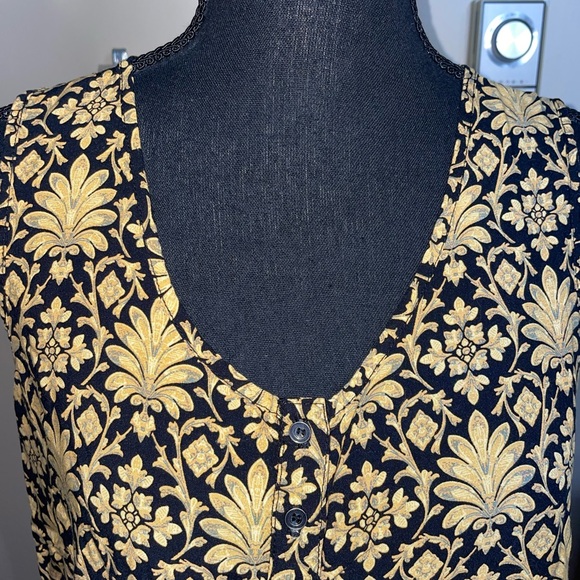 Old Khaki Gold & Black Patterned Button Front Size 12 Sleeveless Blouse - Picture 5 of 8